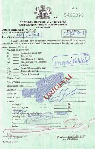 Certificate of Road Worthiness.