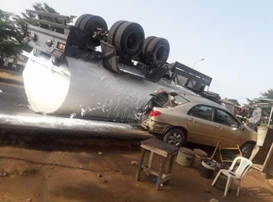 flipped tank truck at igando