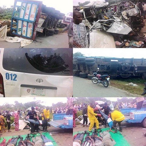 The sad incidence that took the lives of 18 people took place this morning in Awo community of Irepodun/Ifelodun LGA of Ekiti State In a report, a Toyota Hiace bus which was conveying passengers from Lagos to Abuja had a head-on collision with a trailer. The impact of the collision was much and it ended up crushing the passengers inside the bus. Eye witnesses claimed that no soul survived the accident. The cause of the accident is yet to be known, but some FRSC officials are already on ground to evacuate the remains of the victims. May their soul rest in peace.