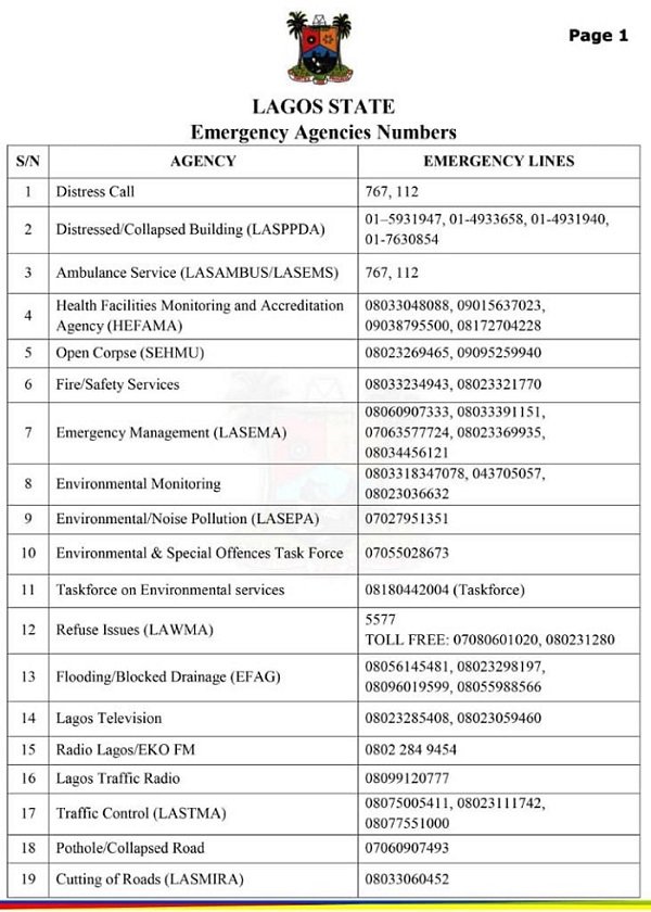 emergency numbers lagos 