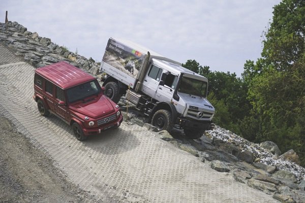 mercedes benz unimog and gclass in an offroad terrain