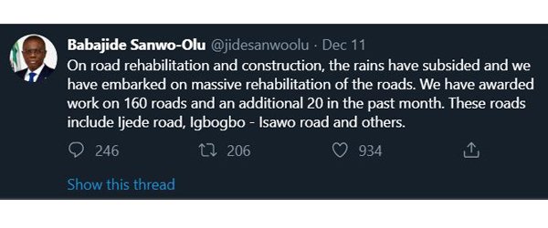 Sanwo-Olu Awards 160 Road Contracts, As The Rains Subsides