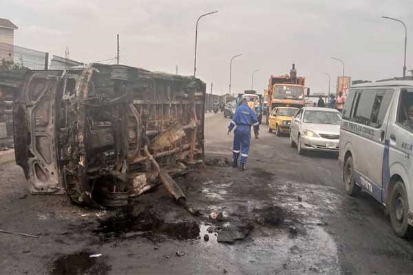 Danfo Bus Carrying Kegs Of Diesel Explodes On 3rd Mainland Bridge