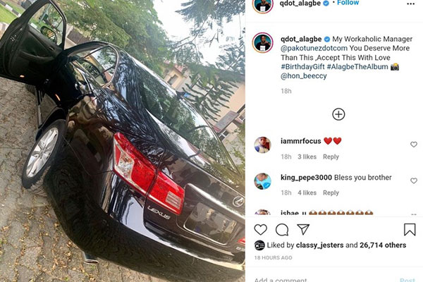 Music Star Qdot Gifts "Workaholic Manager" Lexus ES 350 Worth N3.5m To Celebrate Birthday - autojosh 