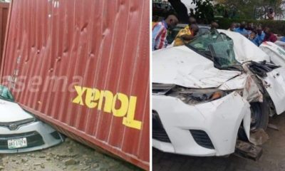 No Casualties As Two 20-ft Containers Fall Off The Road In Lagos; Crush Toyota Corolla Sedan Car - autojosh