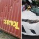 No Casualties As Two 20-ft Containers Fall Off The Road In Lagos; Crush Toyota Corolla Sedan Car - autojosh