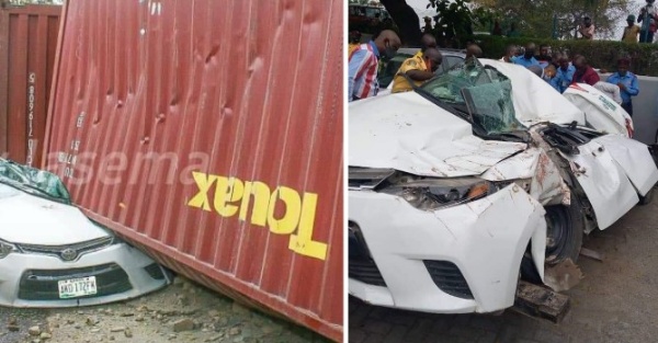 No Casualties As Two 20-ft Containers Fall Off The Road In Lagos; Crush Toyota Corolla Sedan Car - autojosh