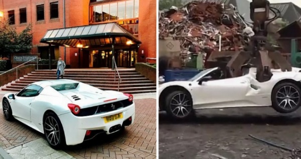 Convicted Fraudster Hiding In Dubai Sue UK Police For Crushing His £200k Ferrari, See How It Was Destroyed - autojosh