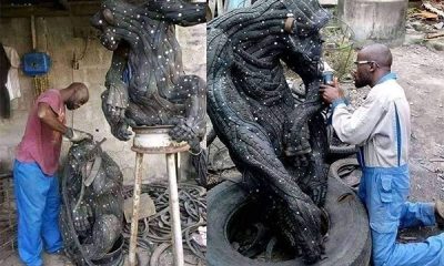 Nigerian Makes Sculptures Of Lion, Gorilla, Out Of Worn-out And Discarded Car Tyres - autojosh