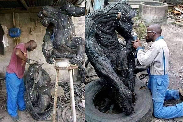 Nigerian Makes Sculptures Of Lion, Gorilla, Out Of Worn-out And Discarded Car Tyres - autojosh