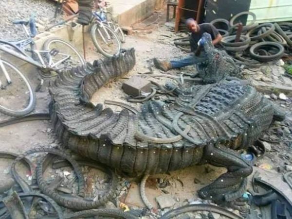 Nigerian Makes Sculptures Of Animals, Including Gorilla, Crocodile, Out Of Worn-out And Discarded Car Tyres - autojosh 