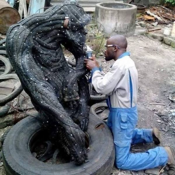 Nigerian Makes Sculptures Of Animals, Including Gorilla, Crocodile, Out Of Worn-out And Discarded Car Tyres - autojosh 