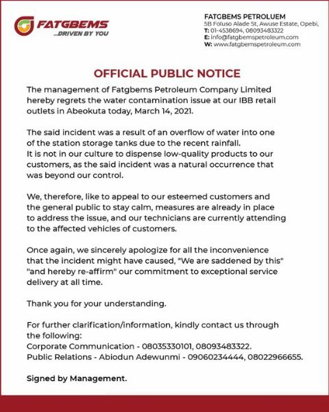 Fatgbems Filling Station Apologizes After Dispensing Water To Motorists Instead Of Petrol - autojosh 
