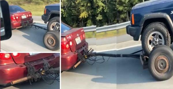 Toyota Corolla Seen Towing A Jeep Cherokee - See Why This Is Wrong - autojosh