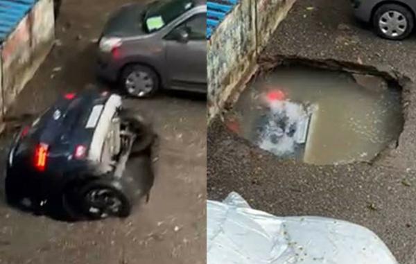 Shocking Moment Sinkhole Swallowed Hyundai Venue SUV In India - autojosh