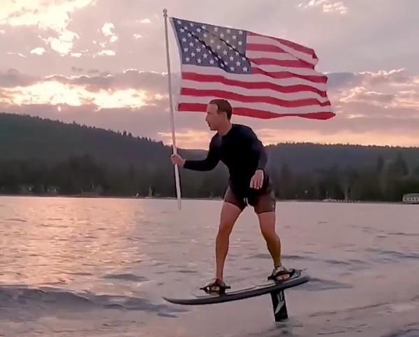 Mark Zuckerberg Celebrates July 4 Holding The US Flag While Surfing On His Expensive Electric Hydrofoil - autojosh