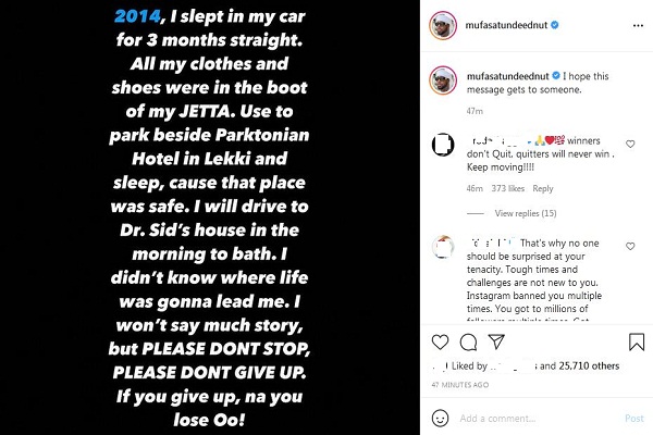 tunde ednut's instagram post about sleeping in a car