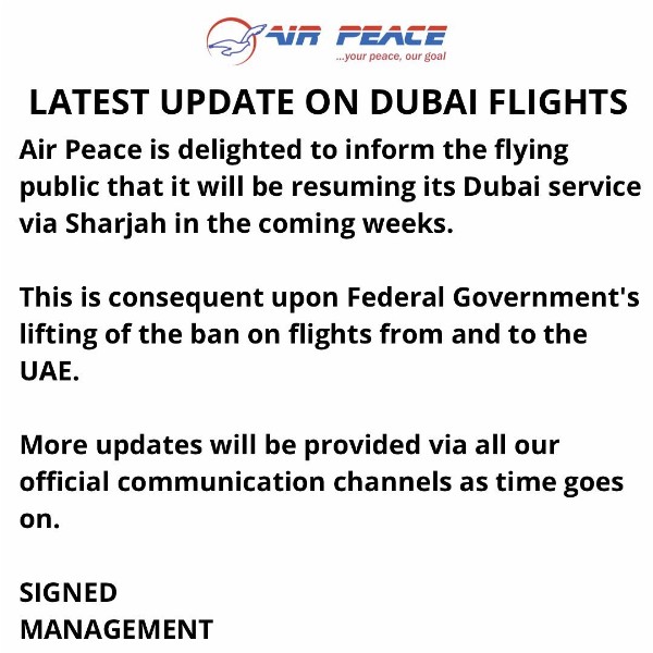 Air Peace Announces Resumption Of Flights To Dubai - autojosh 