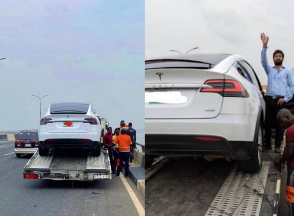 Reactions As Car Carrier Rescues Tesla Model X After Running Out Of Battery Juice On 3rd Mainland Bridge - autojosh
