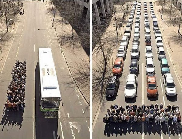 Check Out The Road Space Taken By '69 People In One Bus' And '69 People In 60 Cars' - autojosh 