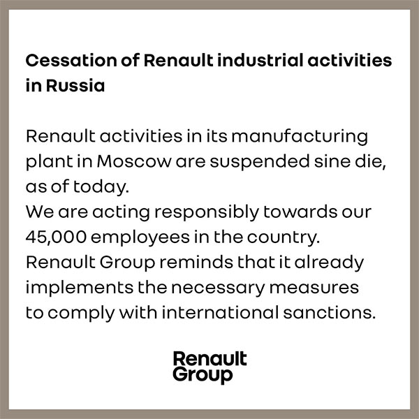 Russia/Ukraine War: French Automaker, Renault Hangs Up industrial activities in Russia 