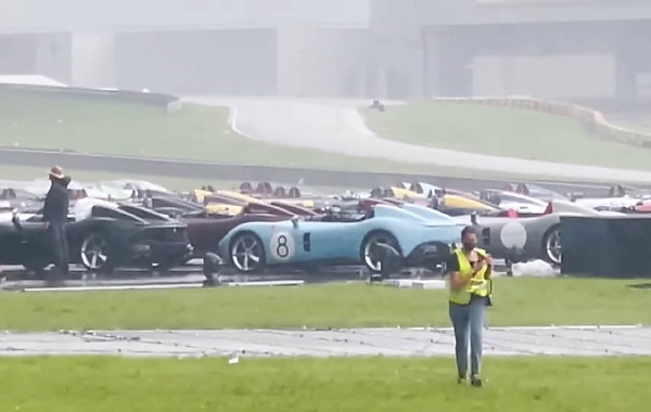 80 Roofless Ferrari Monza Cars, Worth $2 Million Each, Caught In Heavy Rain At Owner Event - autojosh