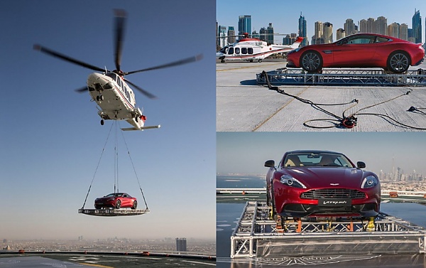 Aston Martin Vanquish Airlifted 1,000-feet Onto The Helipad At Dubai Hotel - autojosh