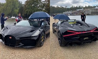 Driver Uses Umbrella After Roofless $5M Bugatti Mistral Was Caught In Rain During European Launch - autojosh