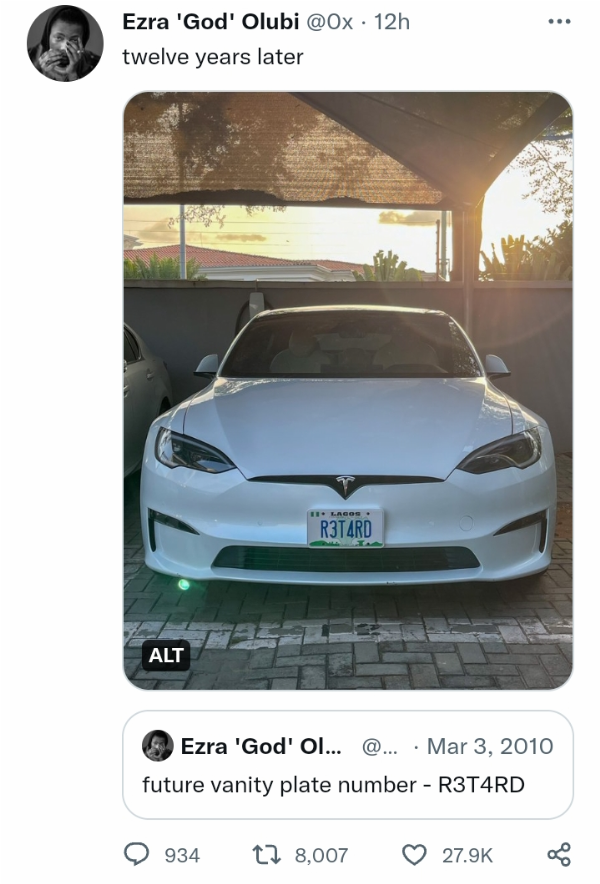 RETARD? : Ezra Olubi Put 'R3T4RD' Plate On Tesla, 12-yrs After He First Wished For The Custom Plate - autojosh 