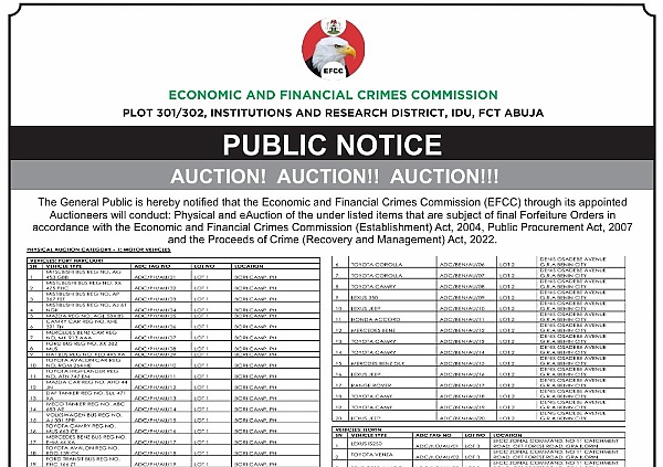 EFCC Begins Auction Of 649 Forfeited Vehicles, 15 Ships On Tuesday - List - autojosh
