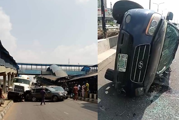 Traffic As Mixer Truck And SUV Crash At Agric; Hyundai SUV Overturns At Onikan Bridge - LASTMA - autojosh