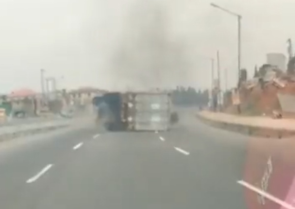 Moment A Container Laden Truck Falls In Lagos - autojosh 