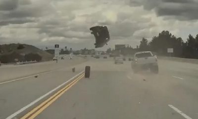 Shocking Moment Stray Loose Tyre From A Chevrolet Truck Sent Kia Soul Flying Into The Air In Horror Crash - autojosh