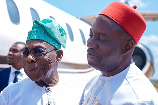 Soludo Receives Obasanjo At Anambra Airport, Ex-president Rides In Armored Innoson IVM G80 - autojosh 