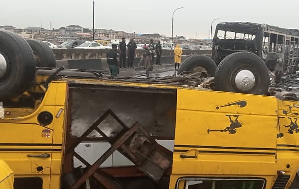 BRT Bus Set Ablaze Following Head-on Collision With Commercial Bus, Killing The Danfo Driver Instantly - autojosh 
