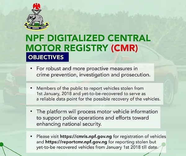 Motorists Urged To Register Their Vehicles With NPF 'Stolen Vehicle Report Portal', Central Motor Registry - autojosh 