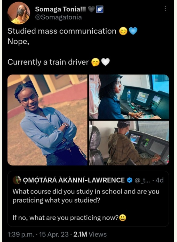 Young Nigerian Female Who Studied Mass Comm But Now A Train Driver Wows Twitter Users - autojosh 