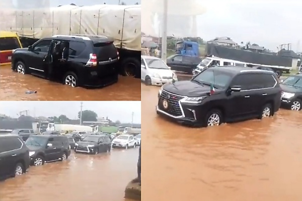 Edo State Governor’s Convoy Stuck On A Flooded Bad Road After Heavy Rainfall - autojosh