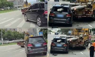 Moment Electric Poles On A Truck Crashes Through A Mercedes SUV, Narrowly Missing The Driver - autojosh