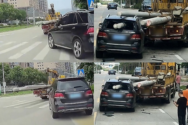 Moment Electric Poles On A Truck Crashes Through A Mercedes SUV, Narrowly Missing The Driver - autojosh