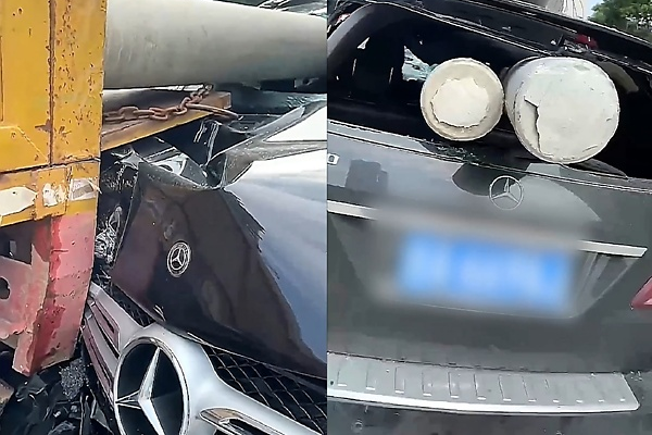 Moment Electric Poles On A Truck Crashes Through A Mercedes SUV, Narrowly Missing The Driver - autojosh 