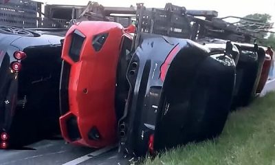 A Transporter Carrying 9 Supercars Including Aventador And Bentley Continental, Overturns - autojosh