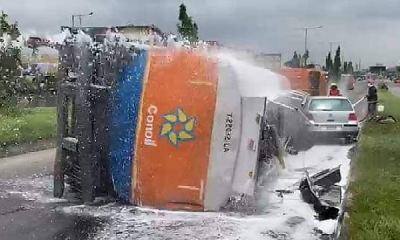 LASTMA Averts Explosions At Surulere As Loaded Tanker Topples On VW Golf, Driver Arrested - autojosh