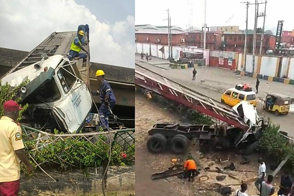 Articulated Truck Falls Off Lagos Bridge While Struggling A 'Right of Way' With Another Truck - autojosh 