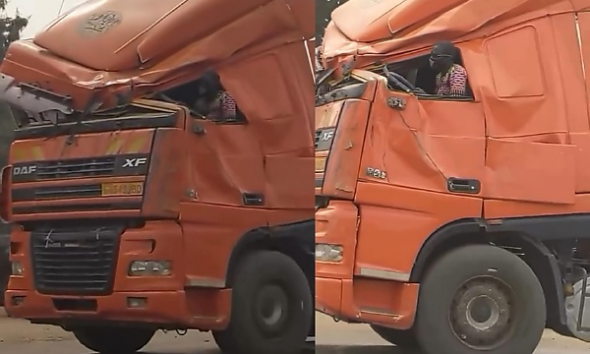 Photos : Nigerian Truck Driver Seen Driving An 18-wheeler With A Crumpled Top Smashed Windscreen - autojosh