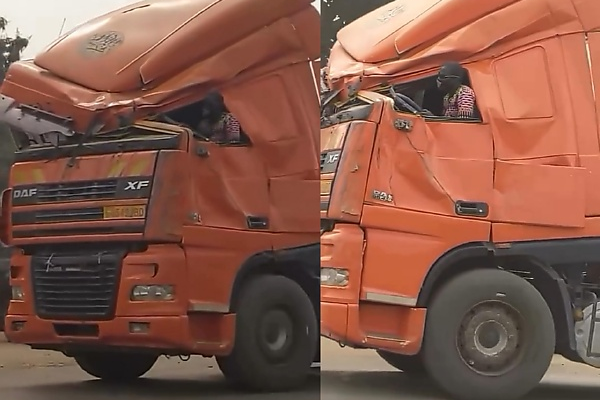 Photos : Nigerian Truck Driver Seen Driving An 18-wheeler With A Crumpled Top Smashed Windscreen - autojosh