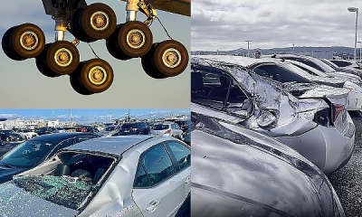 Moment Tyre Falls Off United Boeing 777 Plane After Takeoff, Damaging Several Cars In A Parking Lot - autojosh