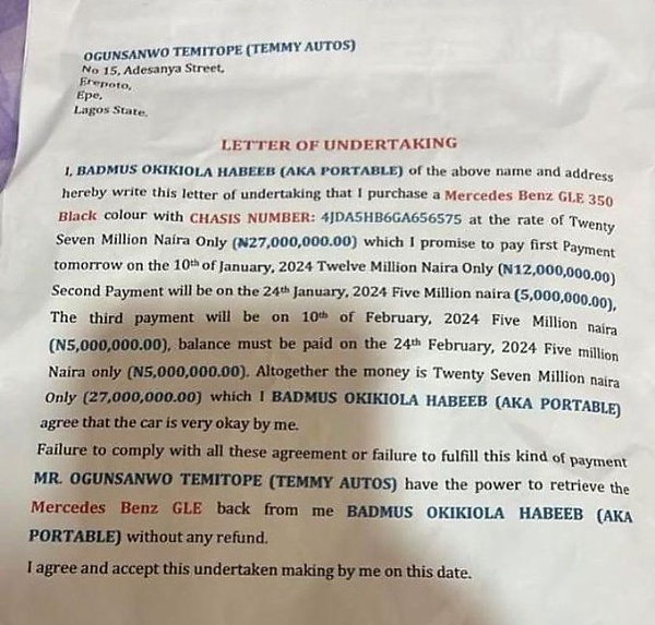 N14M Debt : See The Signed Agreement Between Portable And Car Dealer That Led To Singer's Arrest - autojosh 