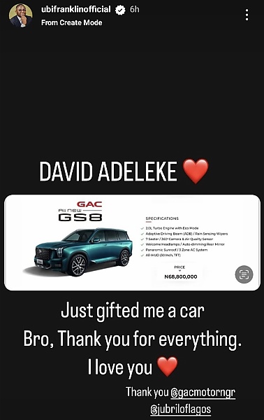 Moment Davido Gifted Ubi Franklin ₦68M GAC GS8 He Received From CIG Motors As Brand Ambassador - autojosh 