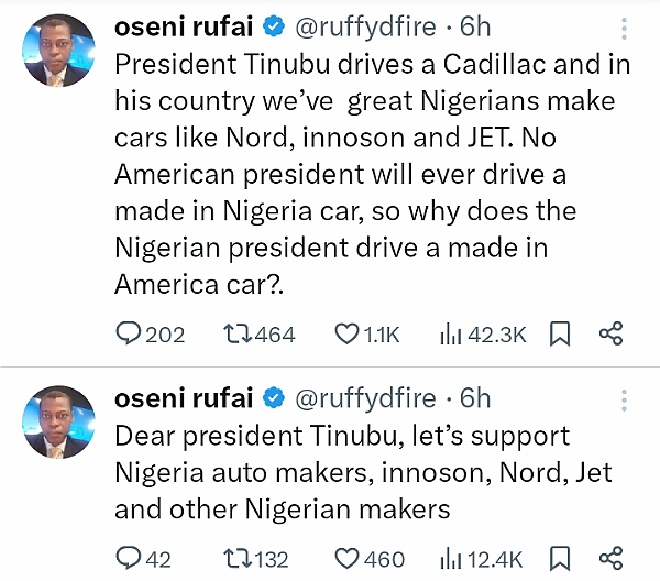 “U.S President Will Never Drive Made-in-Nigeria Car” : Rufai Oseni Slam Tinubu On Purchase Of Cadillac Escalade - autojosh 